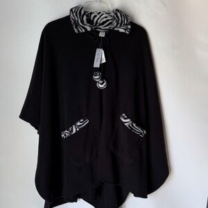 Le Moda Black Fleece Poncho Cape Ruana Black Zebra Pom Poms Zip Front Classic OS